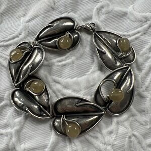 sterling bracelet handmade Leaves Small Stones Clasp 7.5"‎ Unique Nature Boho